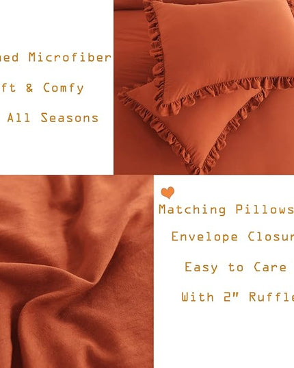 Terracotta Ruffled Comforter King Size,Shabby Burnt Orange Chic Farmhouse Bedding Lightweight Fluffy Ruffle Bed Comforter Aesthetic Rustic Bed Set 3 Pieces - LeafyLoom