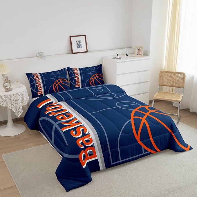 Feelyou Basketball Bedding Set King Size Gaming Sports Comforter Set for Kids Boys Girls Decor Ball Games Comforter Basketball Lover Duvet Set Bedroom Quilt Set - LeafyLoom