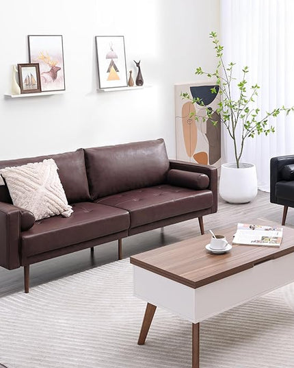 Vonanda Faux Leather Sofa Couch, Mid-Century 73 Inch 3 Seater Leather Couch with Wood Grain Metal Legs and Bolster Pillows for Living Room,Elegant Brown - LeafyLoom