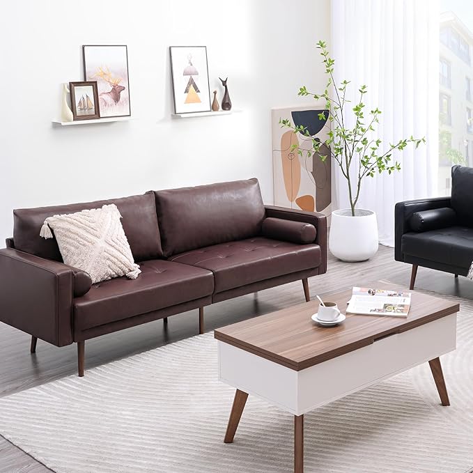 Vonanda Faux Leather Sofa Couch, Mid-Century 73 Inch 3 Seater Leather Couch with Wood Grain Metal Legs and Bolster Pillows for Living Room,Elegant Brown - LeafyLoom
