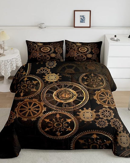 Golden Ndustrial Gear Comforter Set Twin Size Steampunk Style Bedding Set Clocks Theme Bedding Sets & Collections For Kids Boys Teens Men Mechanical Device Quilt Set,Retro Style Bedroom Decor - LeafyLoom