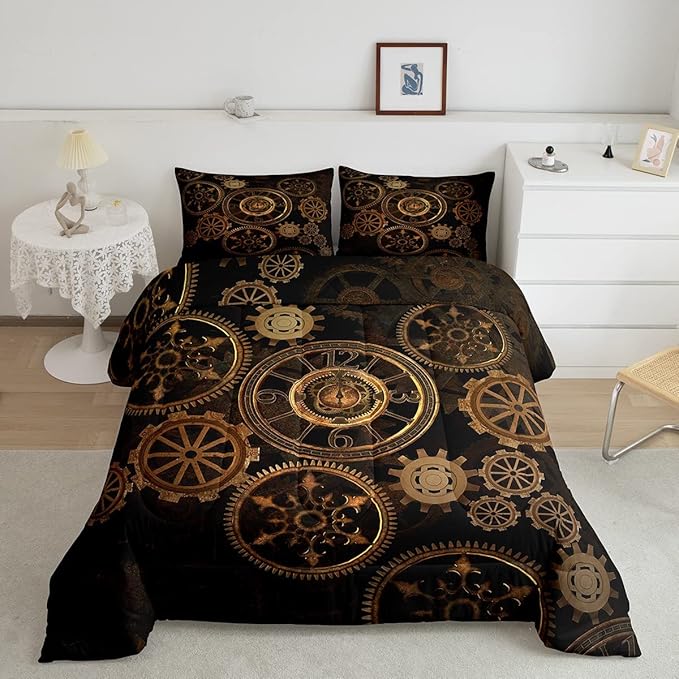 Golden Ndustrial Gear Comforter Set Full Size Steampunk Style Bedding Set Clocks Theme Bedding Sets & Collections For Kids Boys Teens Men Mechanical Device Quilt Set,Retro Style Bedroom Decor - LeafyLoom