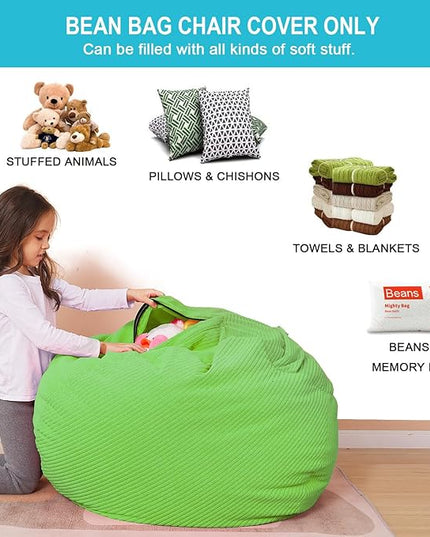 Stuffed Animal Storage Bean Bag Chair Cover for Kids, 38" Beanbag Chairs Cover Plush Toys Organizer Super Soft Corduroy with Handle and Zipper for Boys and Girls - Green - LeafyLoom