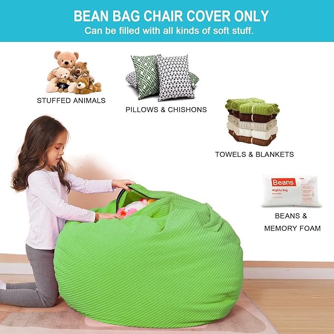 Stuffed Animal Storage Bean Bag Chair Cover for Kids, 38" Beanbag Chairs Cover Plush Toys Organizer Super Soft Corduroy with Handle and Zipper for Boys and Girls - Green - LeafyLoom