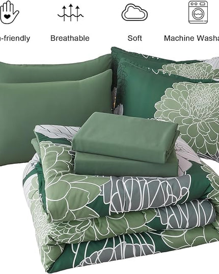 Yiran 7 Pieces Queen Floral Comforter Set,Emerald Green Bed in a Bag Flowers Comforter,Soft Microfiber Bedding Set with Comforter, Sheets, Pillowcases & Shams 90"×90" - LeafyLoom