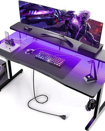GTRACING 55 Inch Gaming Desk with LED Lights, Computer Gamer Desk with Monitor Stand, Ergonomic Carbon Fiber Surface Gaming Table with Mouse Pad for Home Office, RGB - LeafyLoom