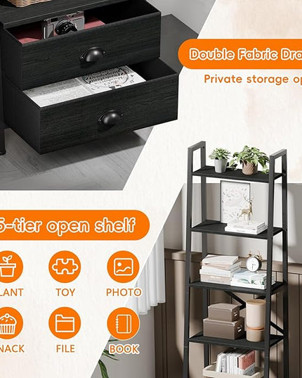 Furologee 5-Tier Ladder Shelf with 2 Drawers,Narrow Bookshelf Storage Shelves,Industrial Bookcase Freestanding Shelf Units for Bedroom,Living Room,Bathroom,Home Office,Balcony,Wood Metal, Black Oak - LeafyLoom