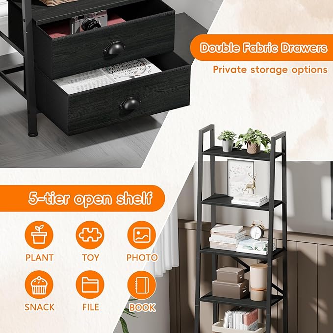 Furologee 5-Tier Ladder Shelf with 2 Drawers,Narrow Bookshelf Storage Shelves,Industrial Bookcase Freestanding Shelf Units for Bedroom,Living Room,Bathroom,Home Office,Balcony,Wood Metal, Black Oak - LeafyLoom