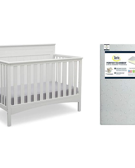 Delta Children Fancy 4-in-1 Crib, Bianca + Serta Perfect Slumber Dual Sided Recycled Fiber Core Crib and Toddler Mattress (Bundle) - LeafyLoom