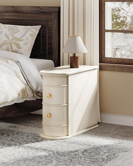End Table, Off-White Wooden Side Table with 2 Drawers, No Assembly Required Sofa Side Table, Closed Back, Vintage Slim Nightstand Bedside Table for Bedroom - LeafyLoom