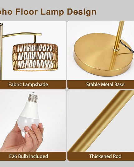 Rattan Floor Lamps for Living Room, Gold Arc Floor Lamp Dimmable with Rattan& Linen Double Shades, Boho Standing Lamp with Remote Control, Tall Lamp for Bedroom, Office - LeafyLoom