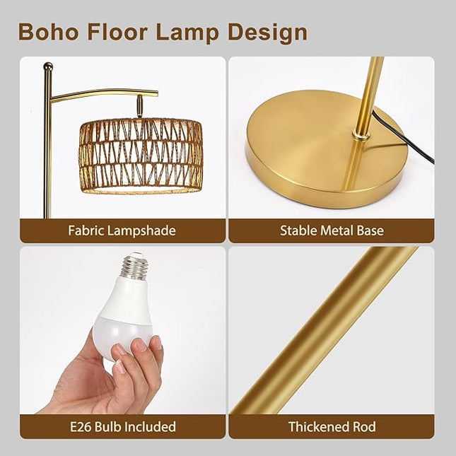 Rattan Floor Lamps for Living Room, Gold Arc Floor Lamp Dimmable with Rattan& Linen Double Shades, Boho Standing Lamp with Remote Control, Tall Lamp for Bedroom, Office - LeafyLoom
