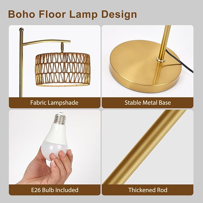 Rattan Floor Lamps for Living Room, Gold Arc Floor Lamp Dimmable with Rattan& Linen Double Shades, Boho Standing Lamp with Remote Control, Tall Lamp for Bedroom, Office - LeafyLoom