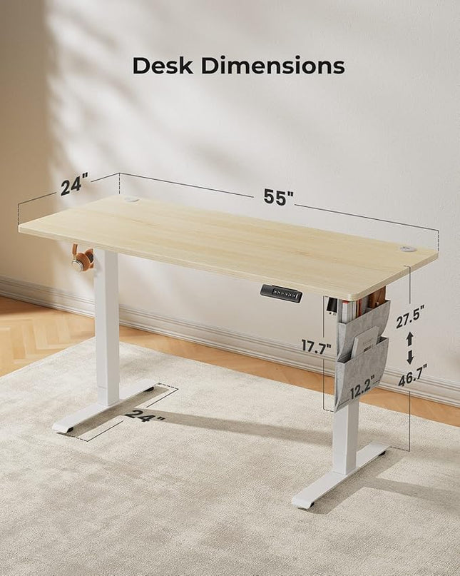 Marsail Standing Desk Adjustable Height, 55x24 Inch Electric Standing Desk with Storage Bag, Stand up Desk for Home Office Computer Desk Memory Preset with Headphone Hook, Maple - LeafyLoom