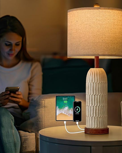OYEARS 26.5" Table Lamp for Living Room，Bedroom Lamp with USB A+C Charging Ports,Modern Farmhouse Bedside Lamps for Night Stands,Brown and White(1 Pack) - LeafyLoom