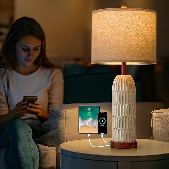 OYEARS 26.5" Table Lamp for Living Room，Bedroom Lamp with USB A+C Charging Ports,Modern Farmhouse Bedside Lamps for Night Stands,Brown and White(1 Pack) - LeafyLoom