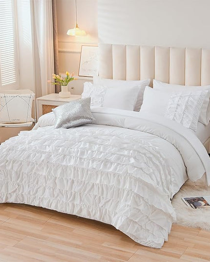 A Nice Night Waterfall Flutter Ruffle Comforter Set,Ruffled Textured Soft Chic Princess 6pcs Bedding Set,with Bling Shiny Sequin Throw Pillow Case,White,Full - LeafyLoom