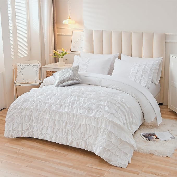 A Nice Night Waterfall Flutter Ruffle Comforter Set,Ruffled Textured Soft Chic Princess 6pcs Bedding Set,with Bling Shiny Sequin Throw Pillow Case,White,Full - LeafyLoom