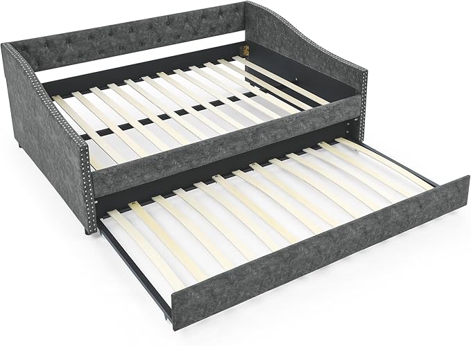 Upholstered Full Size Daybed with Twin Trundle, Solid Wooden Bed Frame w/Button Tufted Backrest and Copper Nail on Waved Shape Arms, No Spring Box Need, Space-Saving Design - LeafyLoom