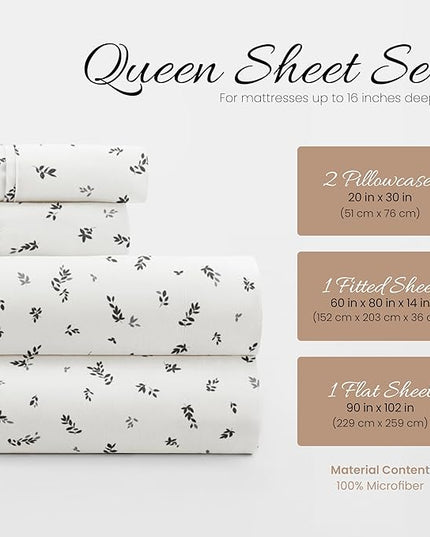 Linen Market 4 Piece Queen Bedding Sheet Set (Light Gray Leaves) - Sleep Better Than Ever with These Ultra-Soft & Cooling Bed Sheets for Your Queen Size Bed - Deep Pocket Fits 16" Mattress - LeafyLoom