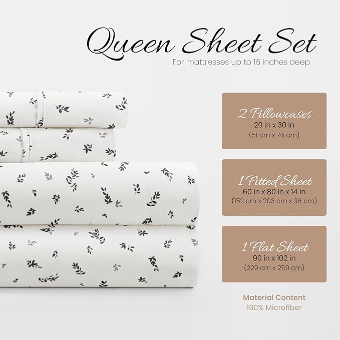Linen Market 4 Piece Queen Bedding Sheet Set (Light Gray Leaves) - Sleep Better Than Ever with These Ultra-Soft & Cooling Bed Sheets for Your Queen Size Bed - Deep Pocket Fits 16" Mattress - LeafyLoom