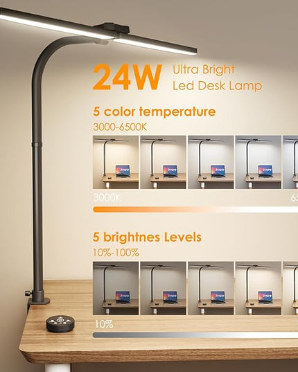 LED Desk Lamp for Home Office, 24W Double Head Architect Desk Lamp with Clamp, Remote Control, Adjustable Gooseneck, Stepless Dimming and Tempering Desk Light for Reading Study Drafting - LeafyLoom