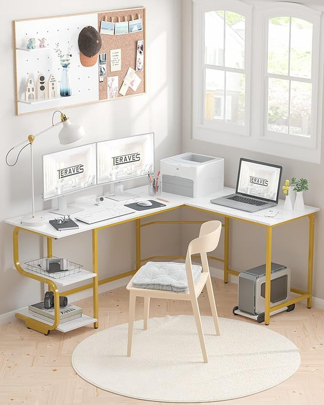 Teraves Reversible L Shaped Desk with Large Surface, 61 Inch Sturdy Corner Desk with Storage Shelves, Premium Office Computer Desk Workstation for Home Office Gaming - LeafyLoom
