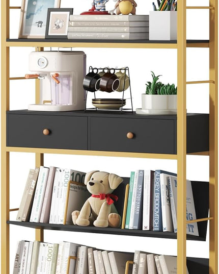 Bookshelf with Drawers-31.5'' Widen Industrial Book Shelf with Bookend,5-Tiers Tall Storage Shelves, Steel Frame Display Rack, Suitable for Bedroom, Office, Living Room-27'' Depth Black - LeafyLoom