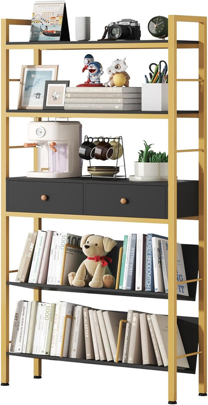 Bookshelf with Drawers-31.5'' Widen Industrial Book Shelf with Bookend,5-Tiers Tall Storage Shelves, Steel Frame Display Rack, Suitable for Bedroom, Office, Living Room-27'' Depth Black - LeafyLoom