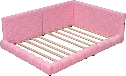 Full Size Upholstered Daybed Sofa Bed with L-shaped Headboard, USB Ports and LED Belt, Pink - LeafyLoom