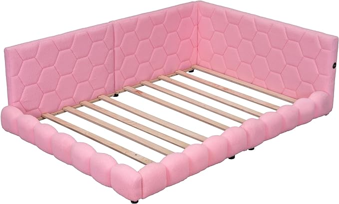 Full Size Upholstered Daybed Sofa Bed with L-shaped Headboard, USB Ports and LED Belt, Pink - LeafyLoom