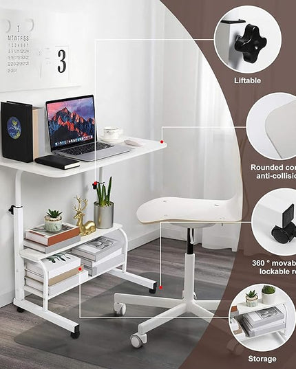 Adjustable Home Office Desk Portable Study Computer Rolling Desk for Small Spaces Movable Sofa Side Table on Wheels Student Small Laptop Desk with Storage White Size 31x16 Inch - LeafyLoom