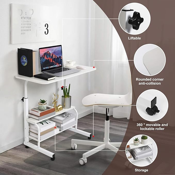 Adjustable Home Office Desk Portable Study Computer Rolling Desk for Small Spaces Movable Sofa Side Table on Wheels Student Small Laptop Desk with Storage White Size 31x16 Inch - LeafyLoom