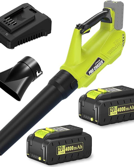Pro Chaser Battery Powered Cordless Blower - 380 CFM with 2 X 4.0Ah 20V Batteries & Fast Charger, Lightweight Electric Leaf Blowers, 2 Variable Speed, Ideal for Yard, Patio & Sidewalk (Green) - LeafyLoom