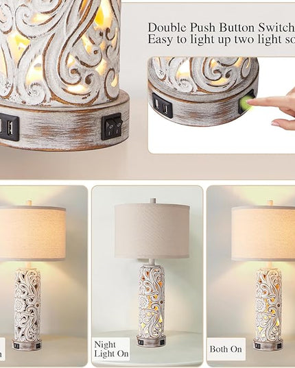 RORIANO Set of 2 Rustic Farmhouse Table Lamps for Living Room Bedroom, Vintage Bedside Lamp with Dual USB Port, Antique White Resin Retro Nightstand Lamps with Night Light, 2 Bulbs Include - LeafyLoom