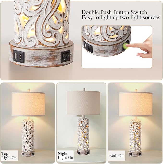 RORIANO Set of 2 Rustic Farmhouse Table Lamps for Living Room Bedroom, Vintage Bedside Lamp with Dual USB Port, Antique White Resin Retro Nightstand Lamps with Night Light, 2 Bulbs Include - LeafyLoom