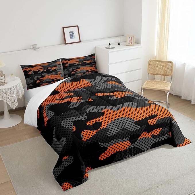Erosebridal Army Camouflage Comforter Set Full Size Teens Adult Camo Bedding Set for Kids Boys Girls Colorful Pattern Decor Down Comforter Orange Black Grey Duvet Set Geometric Pattern Quilt Set - LeafyLoom