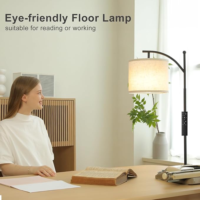 Ambimall Floor Lamp with Remote Control and Stepless Dimmable Bulb, Colors Temperature & Brightness Adjustable, Modern Floor Lamps for Living Room（Beige Shade & Black Pole） - LeafyLoom