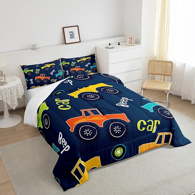 Cartoon Car Bedding Set Construction Kids Comforter Set Boys Girls Equipment Trucks Decor Comforter Microfiber Cartoon Car Excavator Tractor Duvet Set Bedroom Quilt Set Full - LeafyLoom