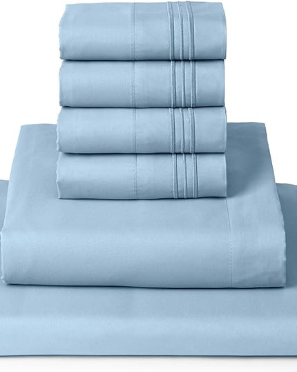 Mellanni King Sheets Set - 6 PC Iconic Collection Bedding Sheets & Pillowcases - Hotel Luxury, Ultra Soft, Cooling Bed Sheets - Deep Pocket up to 16 inch - 6 PC (King, Light Blue w/Extra Pillow Cases) - LeafyLoom