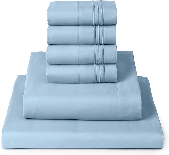 Mellanni King Sheets Set - 6 PC Iconic Collection Bedding Sheets & Pillowcases - Hotel Luxury, Ultra Soft, Cooling Bed Sheets - Deep Pocket up to 16 inch - 6 PC (King, Light Blue w/Extra Pillow Cases) - LeafyLoom