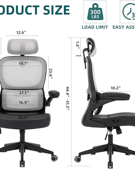 Home Office Chair High Back Computer Desk Chair Ergonomic Task Chair Executive Chair with Lumbar Support Recliner Chair with Adjustable Headrest,Flip-up Armrests (Gray with Nylon Base) - LeafyLoom