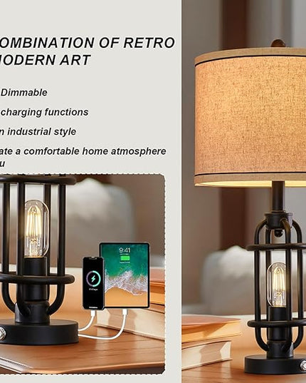 Industrial Black Metal Table Lamps Living Room 23.75'' Lamp for Nightstand Set of 2 Bedside End Lamp Home Decor Touch Lamp Modern Lamps with USB Ports - LeafyLoom