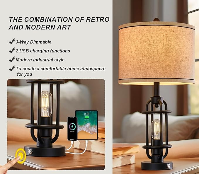 Industrial Black Metal Table Lamps Living Room 23.75'' Lamp for Nightstand Set of 2 Bedside End Lamp Home Decor Touch Lamp Modern Lamps with USB Ports - LeafyLoom