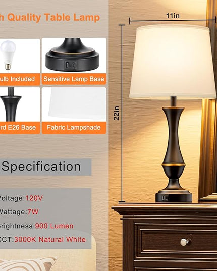 Touch Lamps for Bedrooms Set of 2 - Nightstand Table Lamp with USB C+A, 3 Way Dimmable Bedside Lamps for Living Room End Tables Set of 2, Farmhouse Night Stand Lamps for Bed Side Guest Room(White) - LeafyLoom