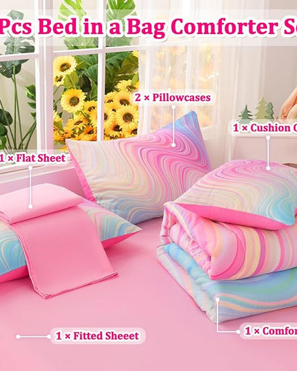 Girls Full Bedding Sets, 6 Pcs Pink Full Szie Comforter Set with Sheets, Tie Dye Superior Blue Pink Rainbow Bedding Set for Girls Kids - LeafyLoom
