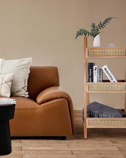 ZYBT Ladder Bookshelf, 3-Tier Rattan Bookshelf, Free Standing Bookcase, Blanket Ladder, Wood Organizer Storage Shelves for Living Room Bedroom Kitchen Bathroom Balcony and Home Office - LeafyLoom
