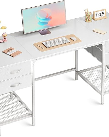 55 Inch Computer Desk with 4 Drawers, Office Desk with Mesh Shelf, Gaming Desk, Large Storage, Writing Desk Work Desk for Home Office, Study, Bedroom, Work from Home, White - LeafyLoom