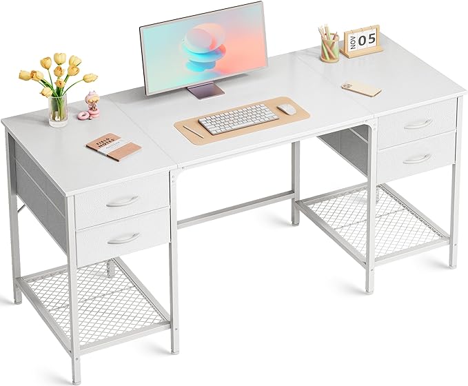 55 Inch Computer Desk with 4 Drawers, Office Desk with Mesh Shelf, Gaming Desk, Large Storage, Writing Desk Work Desk for Home Office, Study, Bedroom, Work from Home, White - LeafyLoom