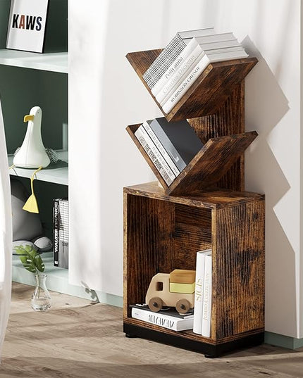 ruboka 2-Shelf Tree Bookshelf with Storage, 26.5-Inch Retro Floor Standing Bookcase Display for CDs/Magazine/Books, Small Bookshelf for Bedroom, Living Room, Office, Brown Storage Shelves - LeafyLoom